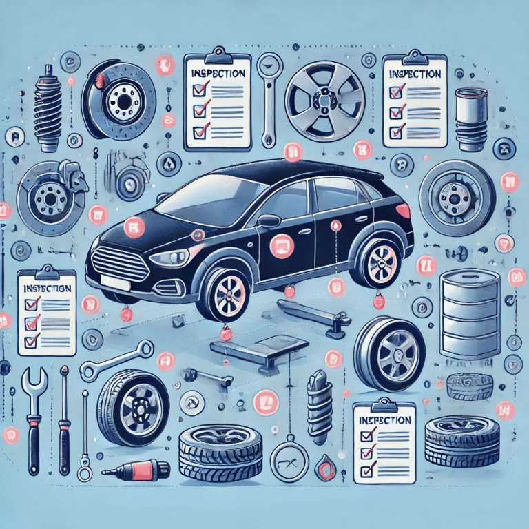 Illustration d’un véhicule entouré de composants mécaniques, d’outils et de listes de contrôle d’inspection, symbolisant une préparation complète pour le contrôle technique.