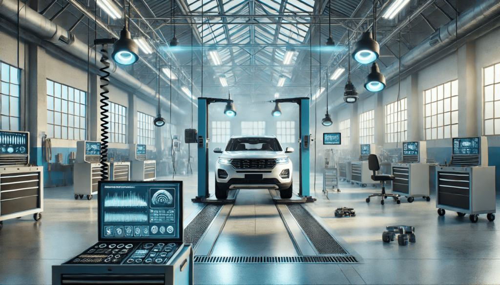 Un SUV moderne en cours d'inspection technique dans un centre de contrôle technique lumineux et moderne, avec des écrans numériques affichant des données en temps réel.