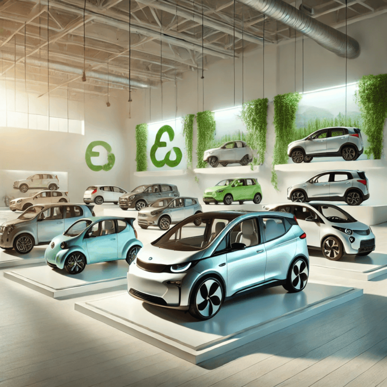 Exposition de voitures électriques modernes dans un showroom lumineux, mettant en avant des véhicules écologiques et innovants, avec des éléments de design vert.