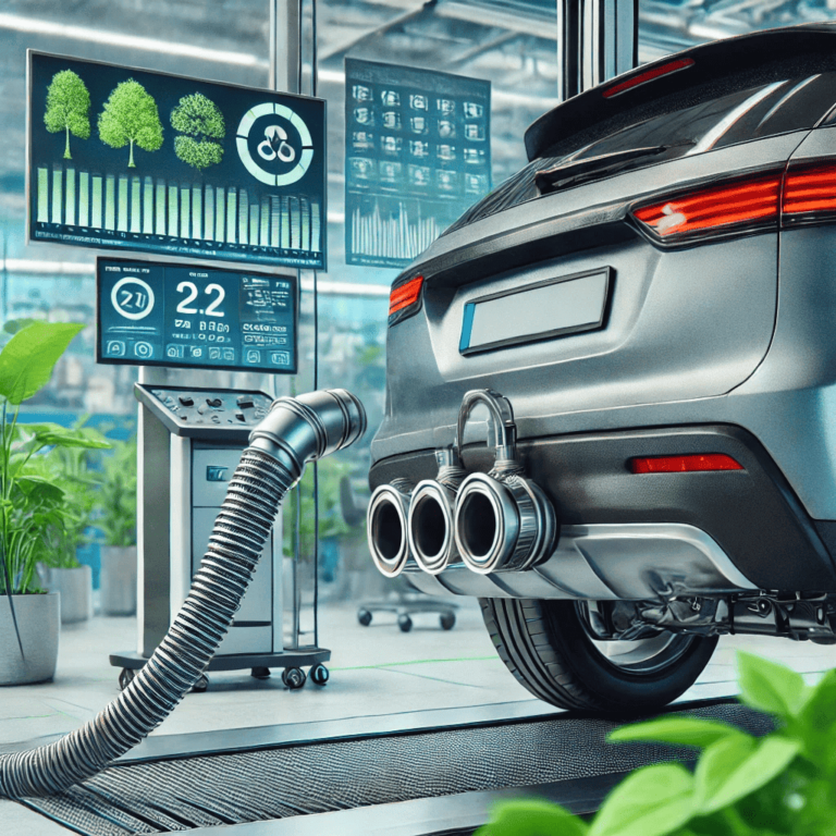 Un véhicule moderne en cours de test d’émissions dans un centre de contrôle technique écologique, avec des moniteurs affichant des données sur les émissions de CO2 et des graphiques environnementaux.