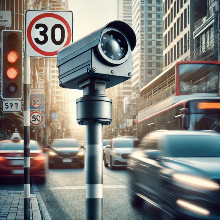 Caméra radar de vitesse moderne installée dans une rue urbaine animée pour la surveillance du trafic.