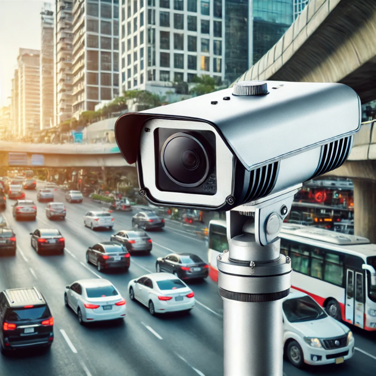 Vue rapprochée d'un radar de vitesse moderne monté sur un poteau de rue, dans un environnement urbain animé. Le radar est conçu pour surveiller la vitesse des véhicules sur les routes de la ville, avec des voitures circulant autour